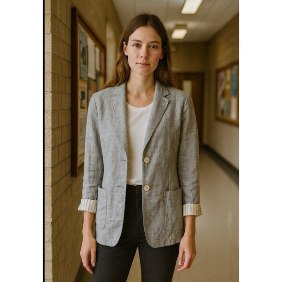 THEORY BLAZER 12 LINEN BLEND CAREER CASUAL PREPPY 2 BUTTON DRAPED PACTCH POCKETS - Picture 1 of 12